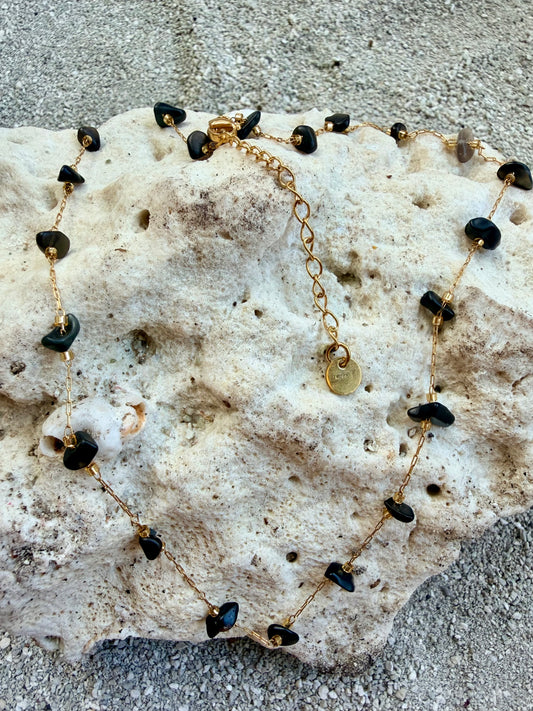 Collier acier, inoxydable, pierre naturelle noire