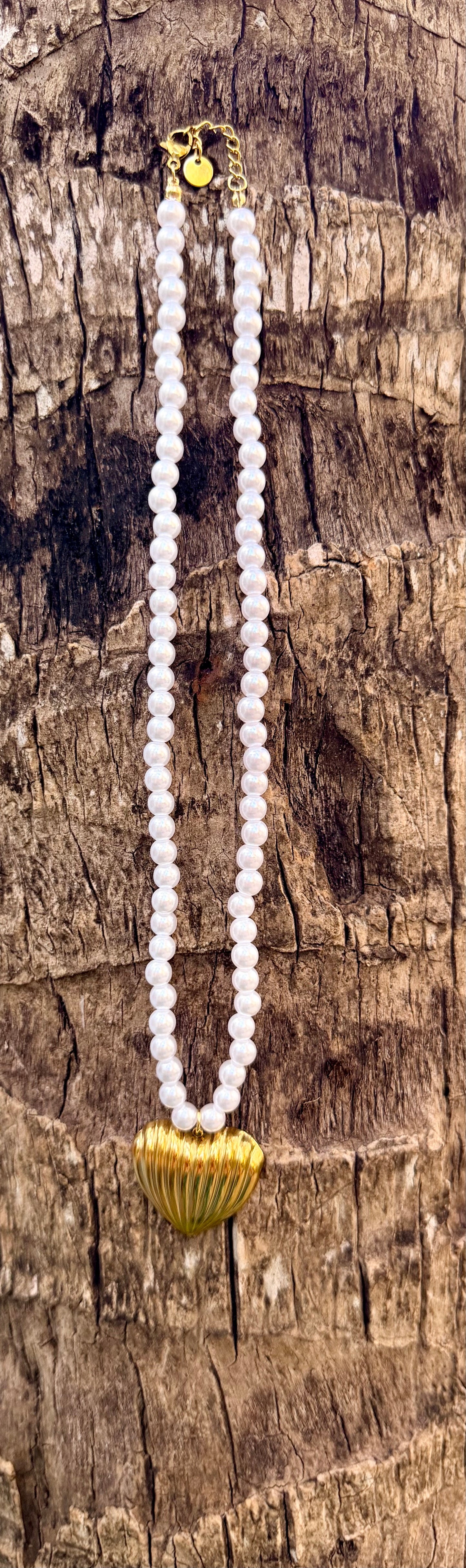 Collier, perles et acier, inoxydable, doré, réglaBle