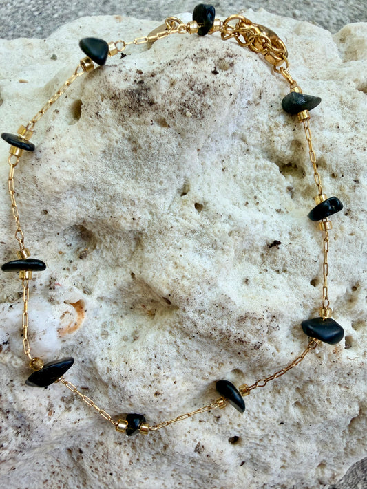 Collier doré, pierre noir en acier, inoxydable, réglable