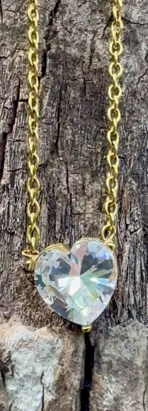 Collier cœur, oxyde de zirconium, assez inoxydable, doré et réglable
