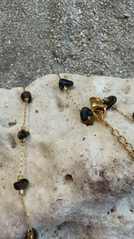 Collier acier, inoxydable, pierre naturelle noire