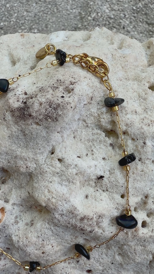 Collier doré, pierre noir en acier, inoxydable, réglable